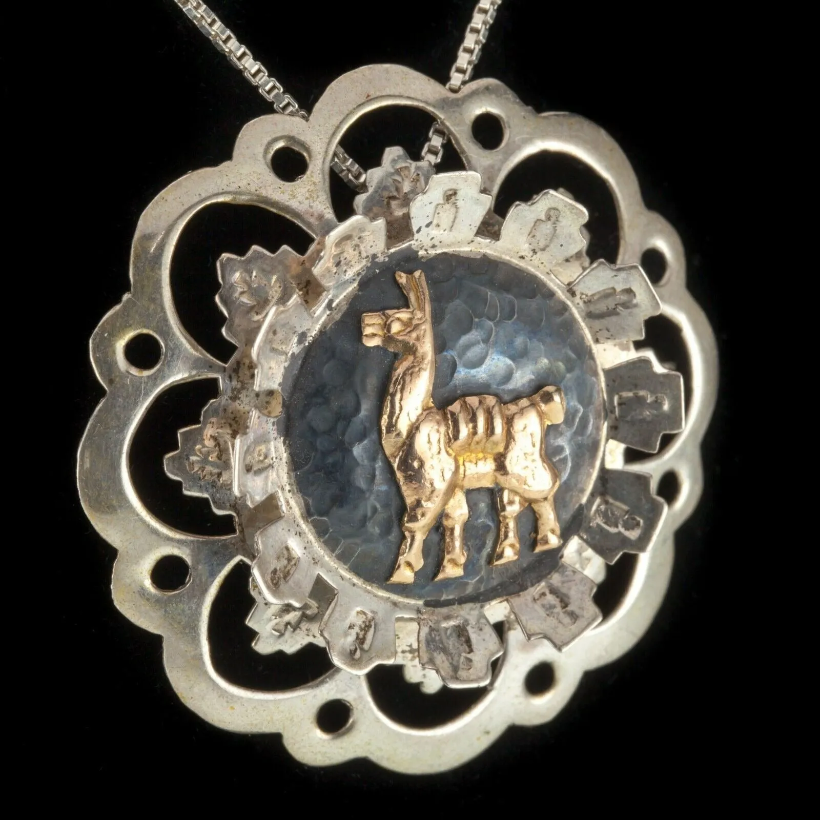 Antiqued Peruvian Inca Llama Sterling Silver and 18k Rose Gold Brooch