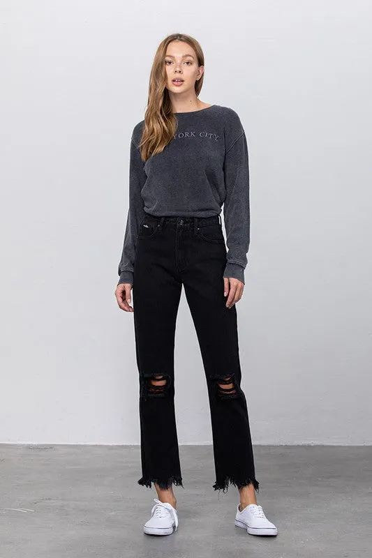 Black Destroyed Straight Leg Jean Pants