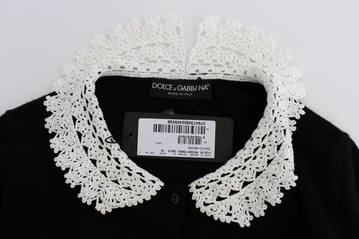 Black Wool Ricamo Cardigan Sweater