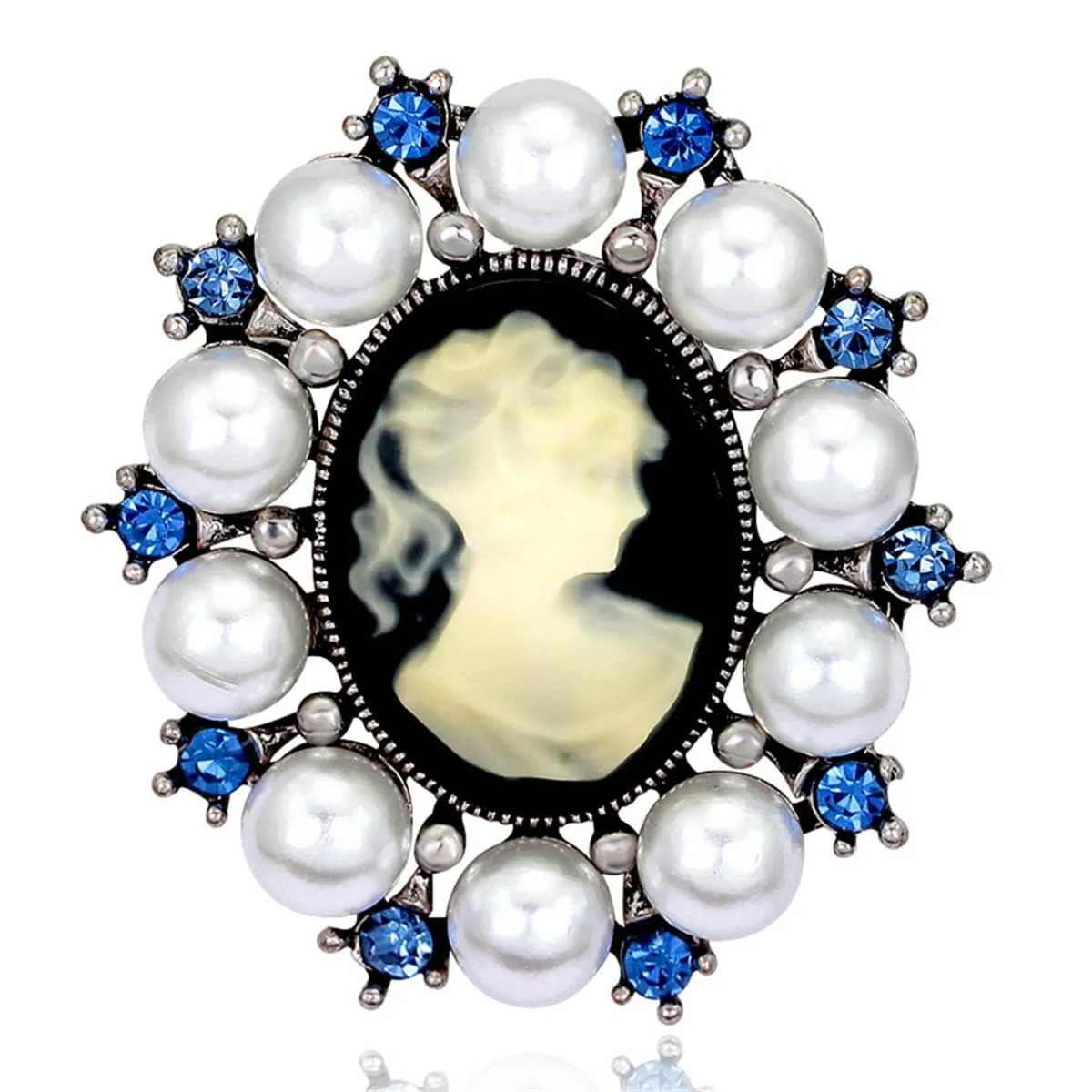 Blue Cubic Zirconia & Silver-Plated Cameo Brooch