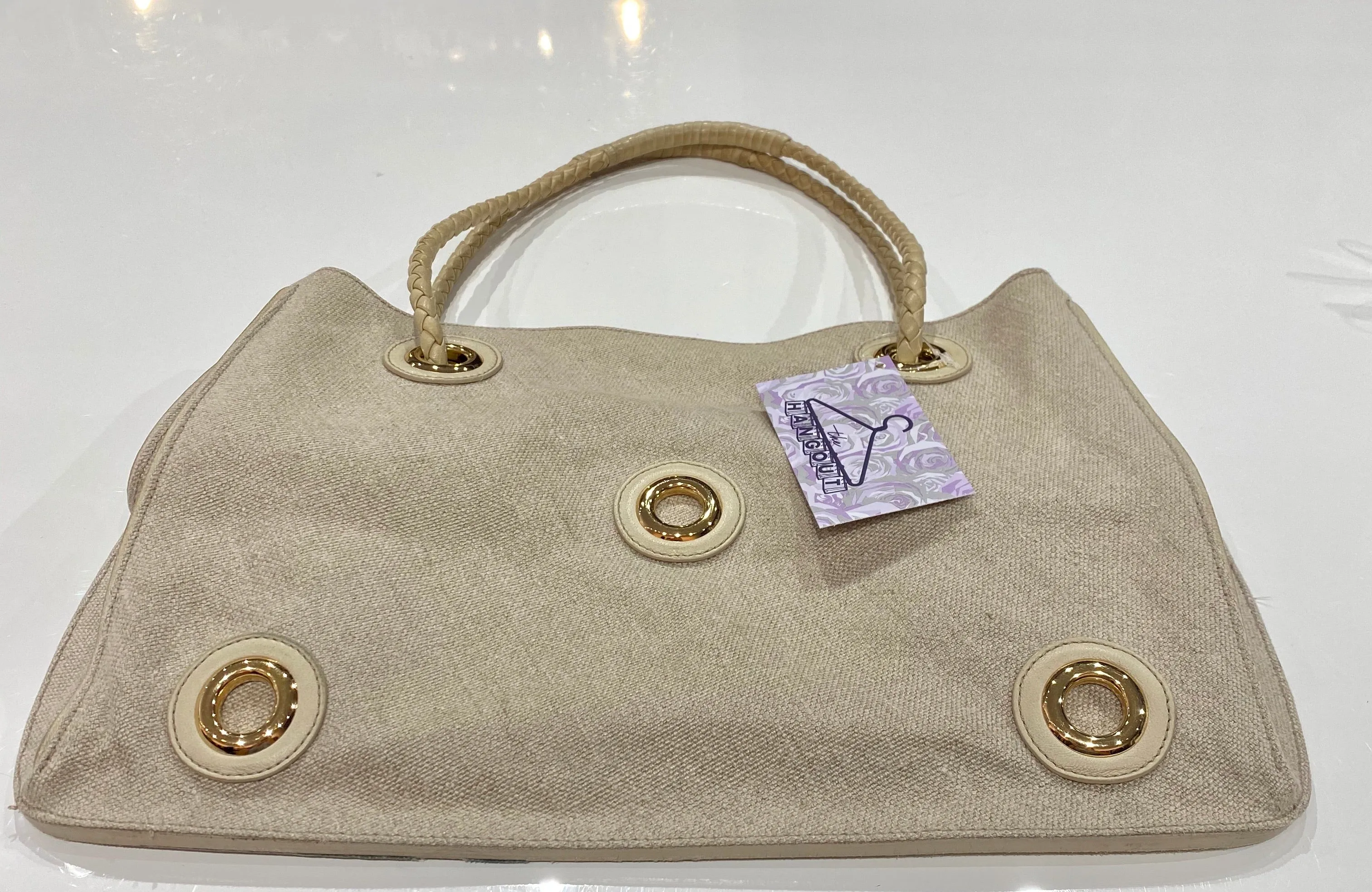 Bottega Veneta Leather Trimmed Woven Bag with gold Circles