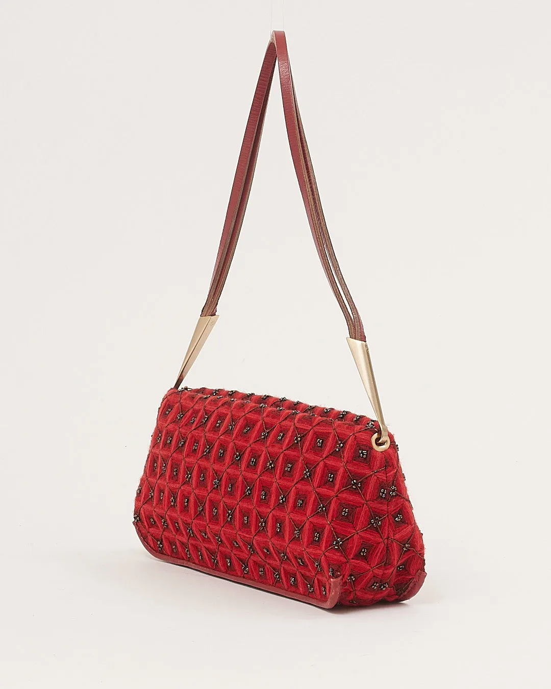 Bottega Veneta Vintage Red Fabric and Beaded Baguette Shoulder Bag