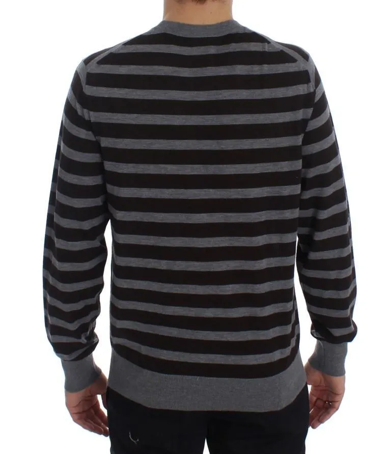 Brown Gray Striped Cashmere Pullover Sweater