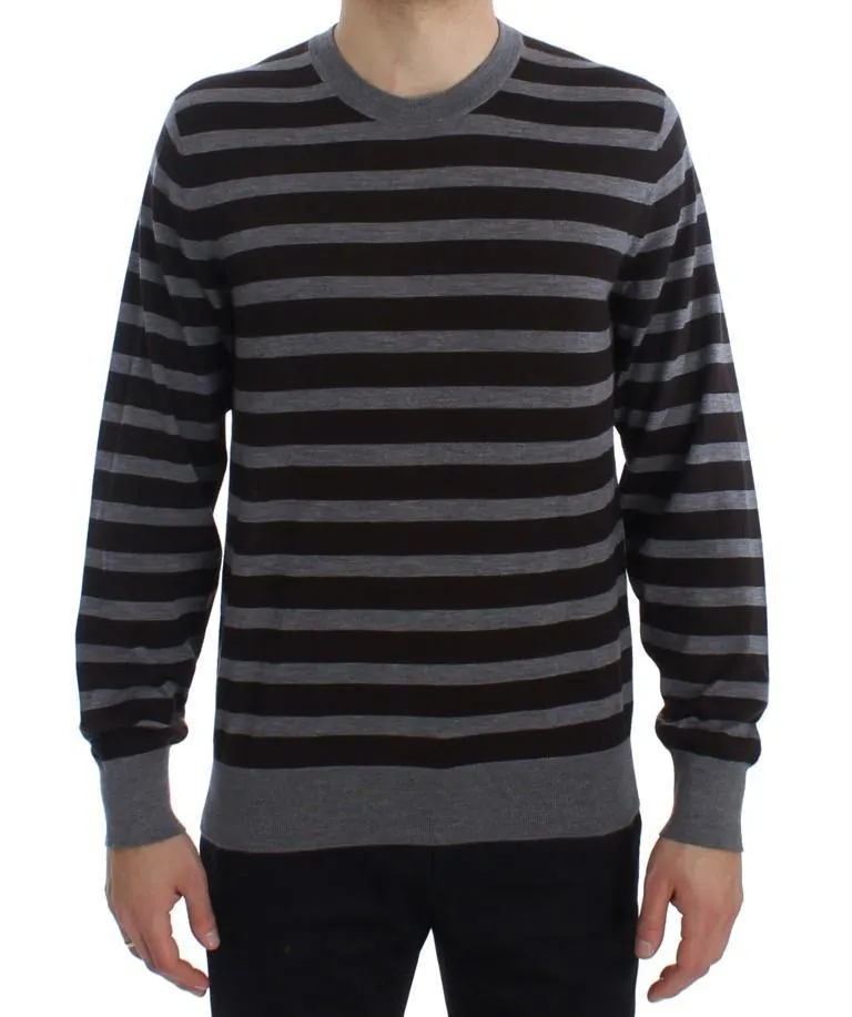 Brown Gray Striped Cashmere Pullover Sweater