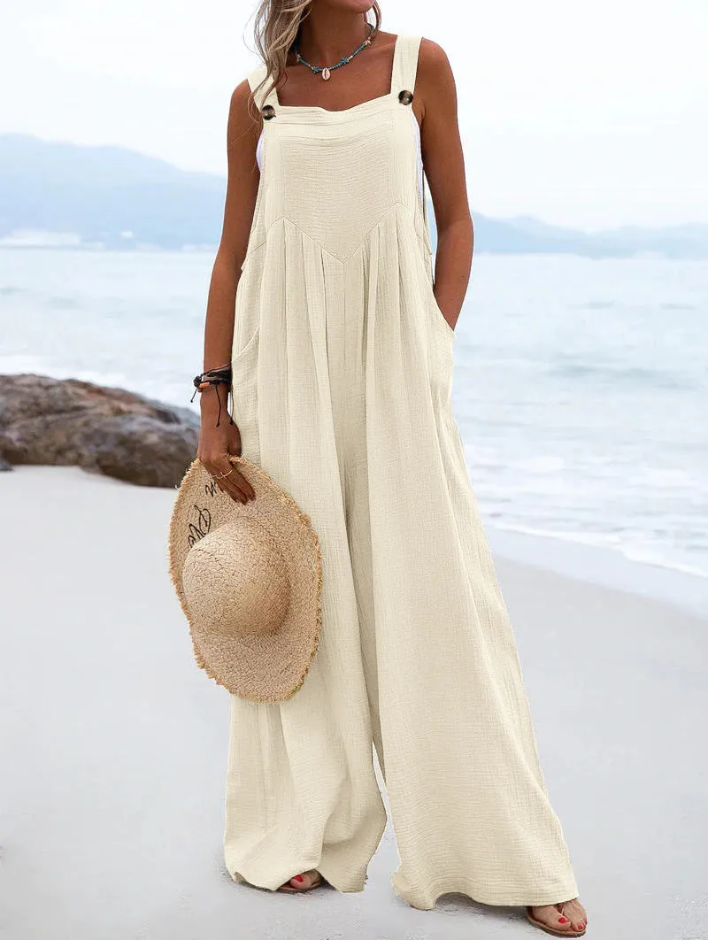 Casual Button Strap Wide-Leg Jumpsuit with Pockets