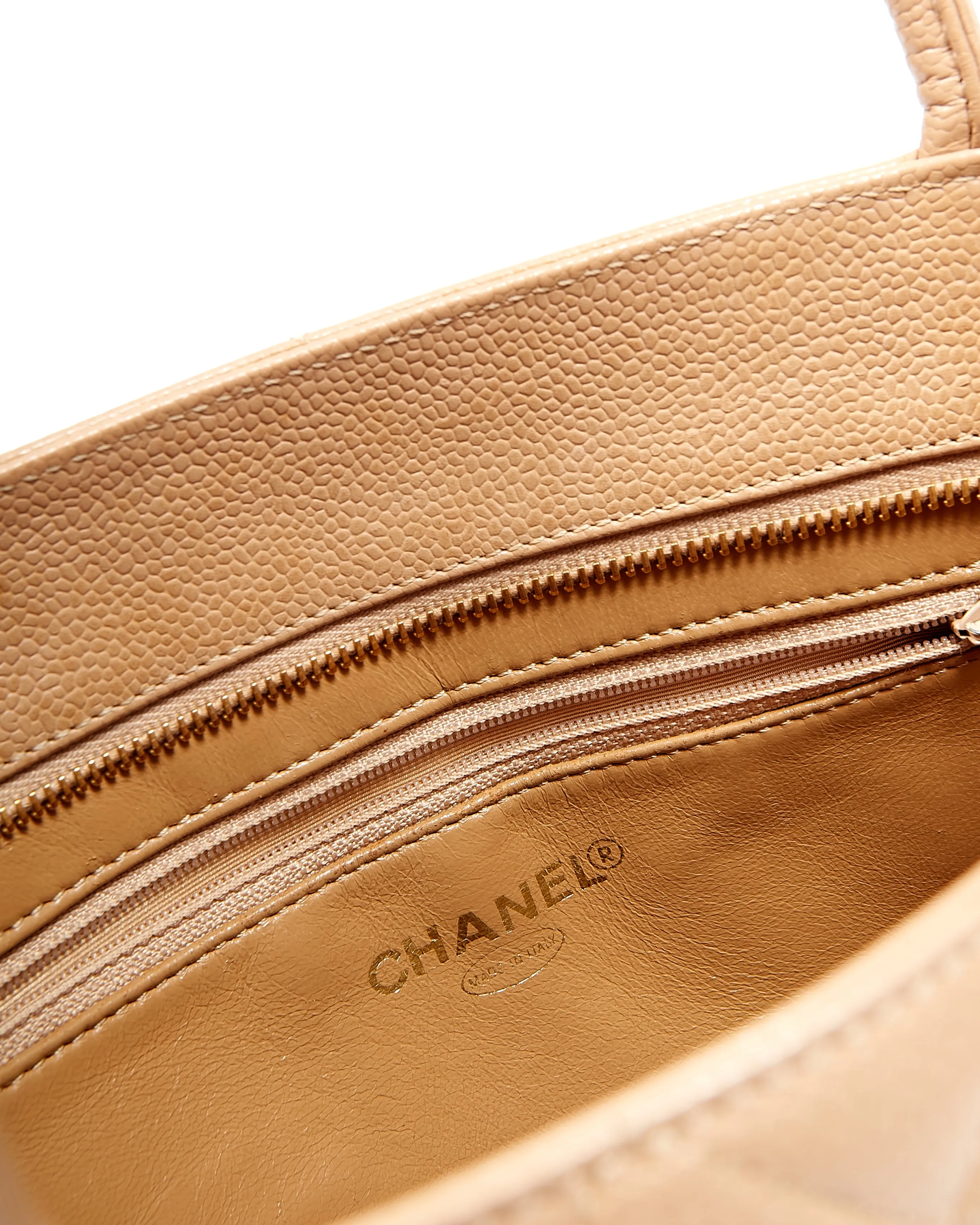 Chanel Beige Caviar CC Logo Medallion Top Handle Bag