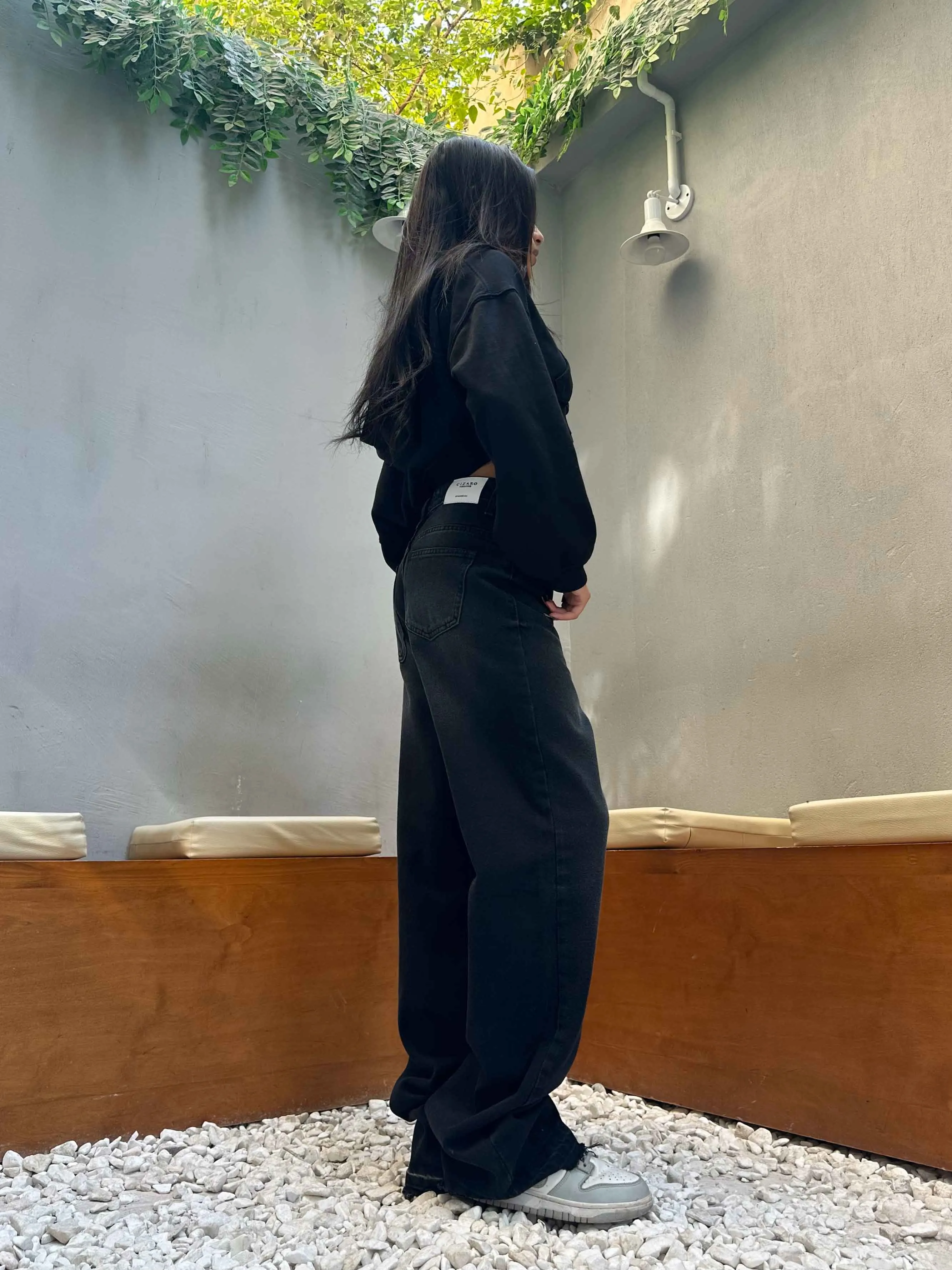 Charcoal Black Double Waisted Straight Leg Jeans.