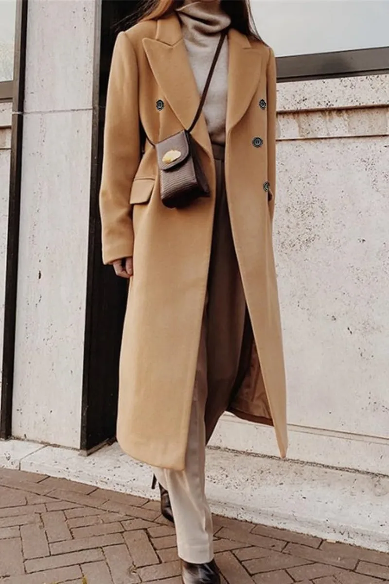 Chouyatou Women's Double Breasted Wool Coat Notched Lapel Collar Winter Pea Coat Overcoat Long Jackets