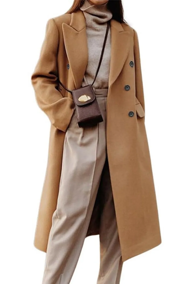 Chouyatou Women's Double Breasted Wool Coat Notched Lapel Collar Winter Pea Coat Overcoat Long Jackets