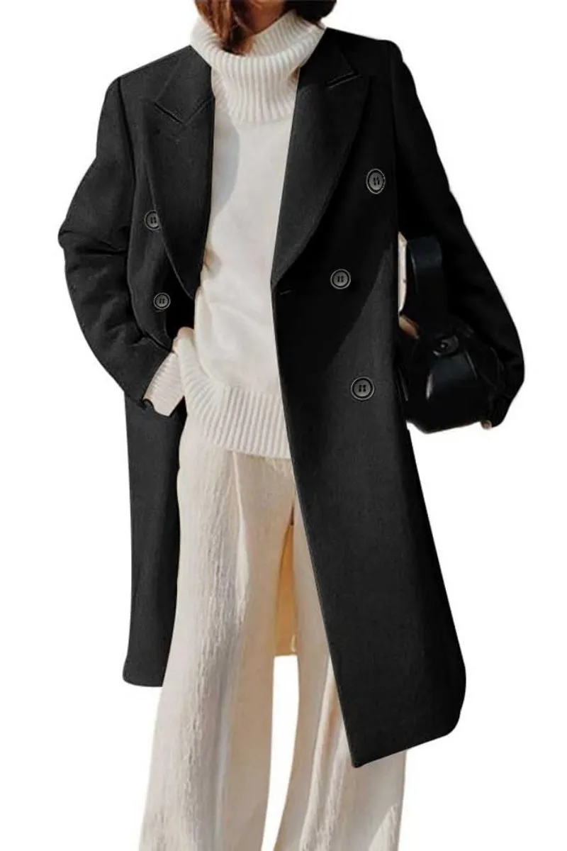 Chouyatou Women's Double Breasted Wool Coat Notched Lapel Collar Winter Pea Coat Overcoat Long Jackets