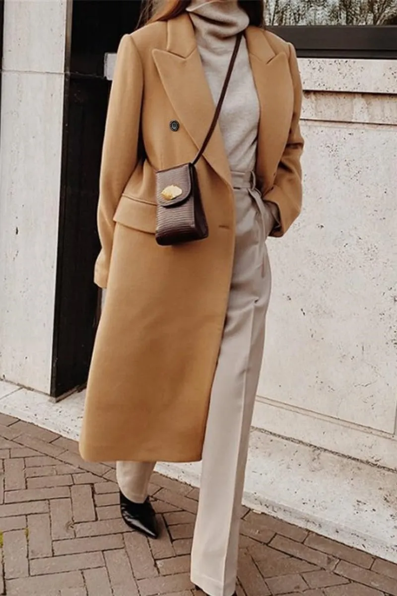 Chouyatou Women's Double Breasted Wool Coat Notched Lapel Collar Winter Pea Coat Overcoat Long Jackets