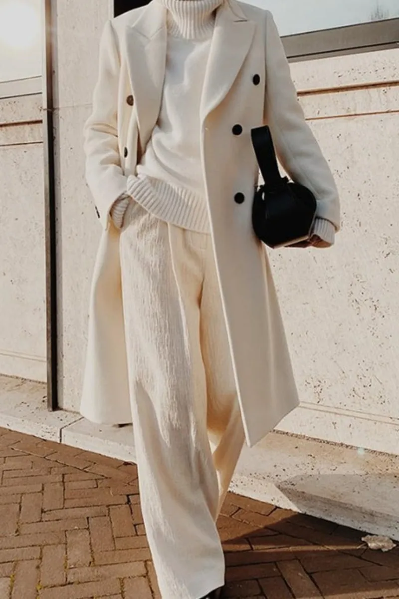Chouyatou Women's Double Breasted Wool Coat Notched Lapel Collar Winter Pea Coat Overcoat Long Jackets