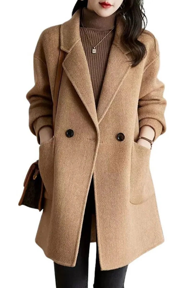 Chouyatou Women's Notch Lapel Herringbone Wool Coat Formal Office Work Double Breasted Winter Pea Coat