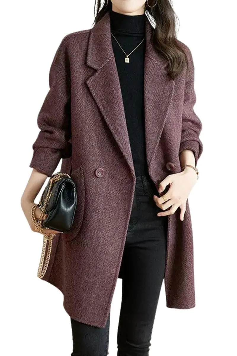 Chouyatou Women's Notch Lapel Herringbone Wool Coat Formal Office Work Double Breasted Winter Pea Coat
