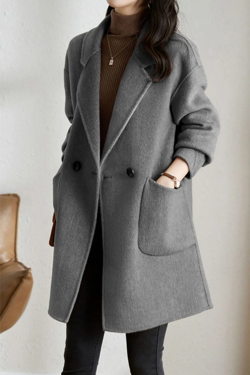 Chouyatou Women's Notch Lapel Herringbone Wool Coat Formal Office Work Double Breasted Winter Pea Coat