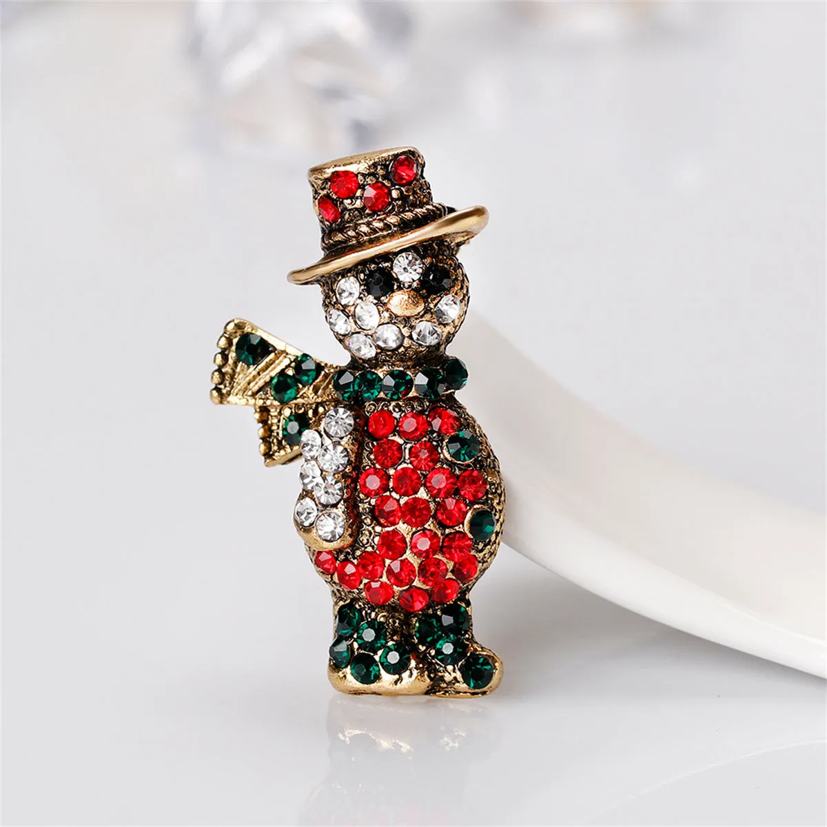 Cubic Zirconia & 18K Gold-Plated Snowman Brooch