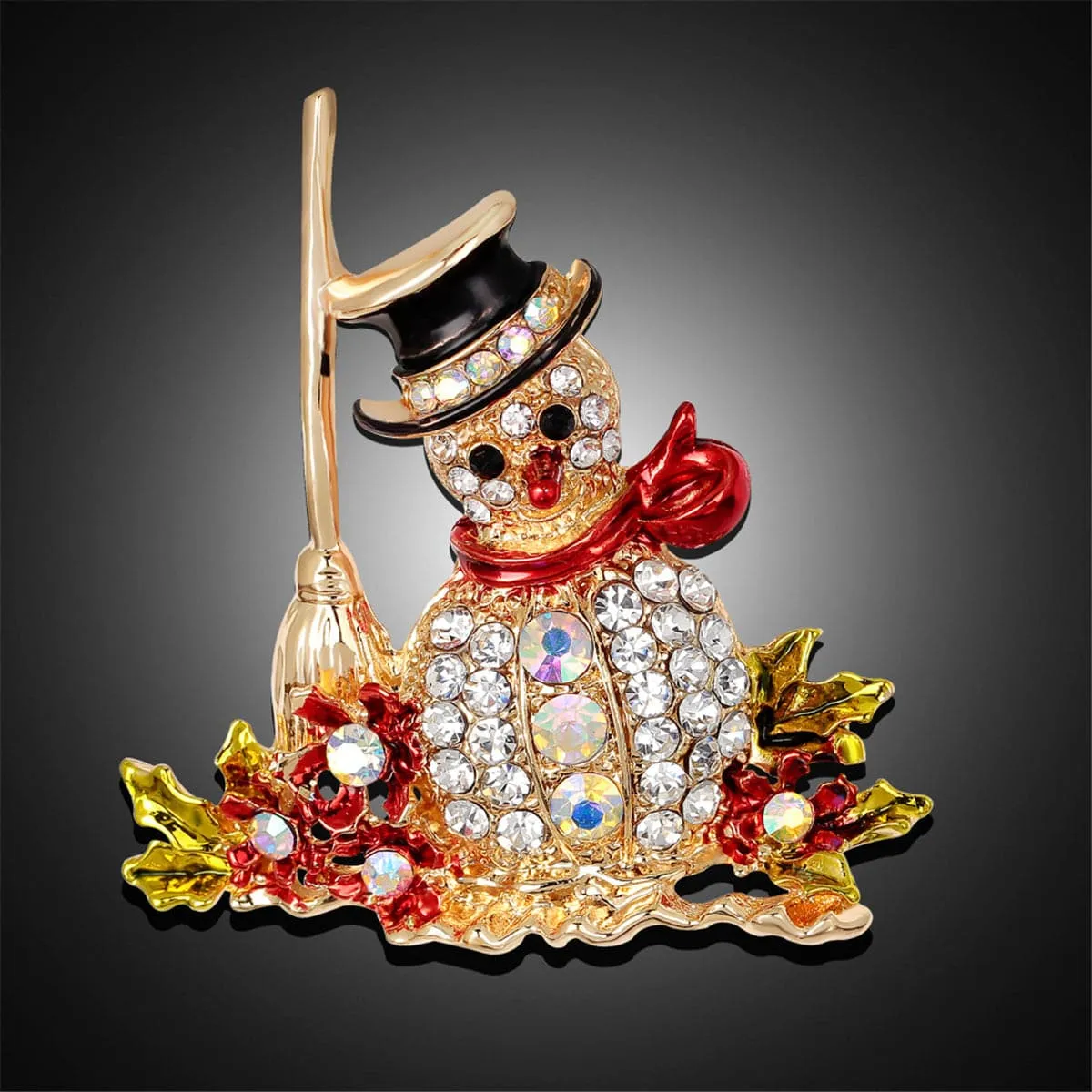 Cubic Zirconia & 18K Gold-Plated Snowman Broom Brooch