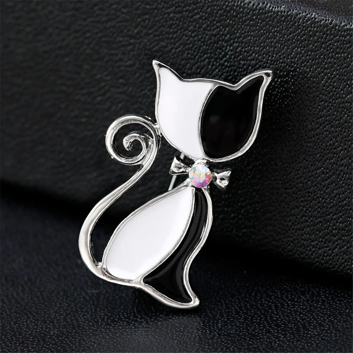 Cubic Zirconia & Black Enamel Silver-Plated Kitty Brooch