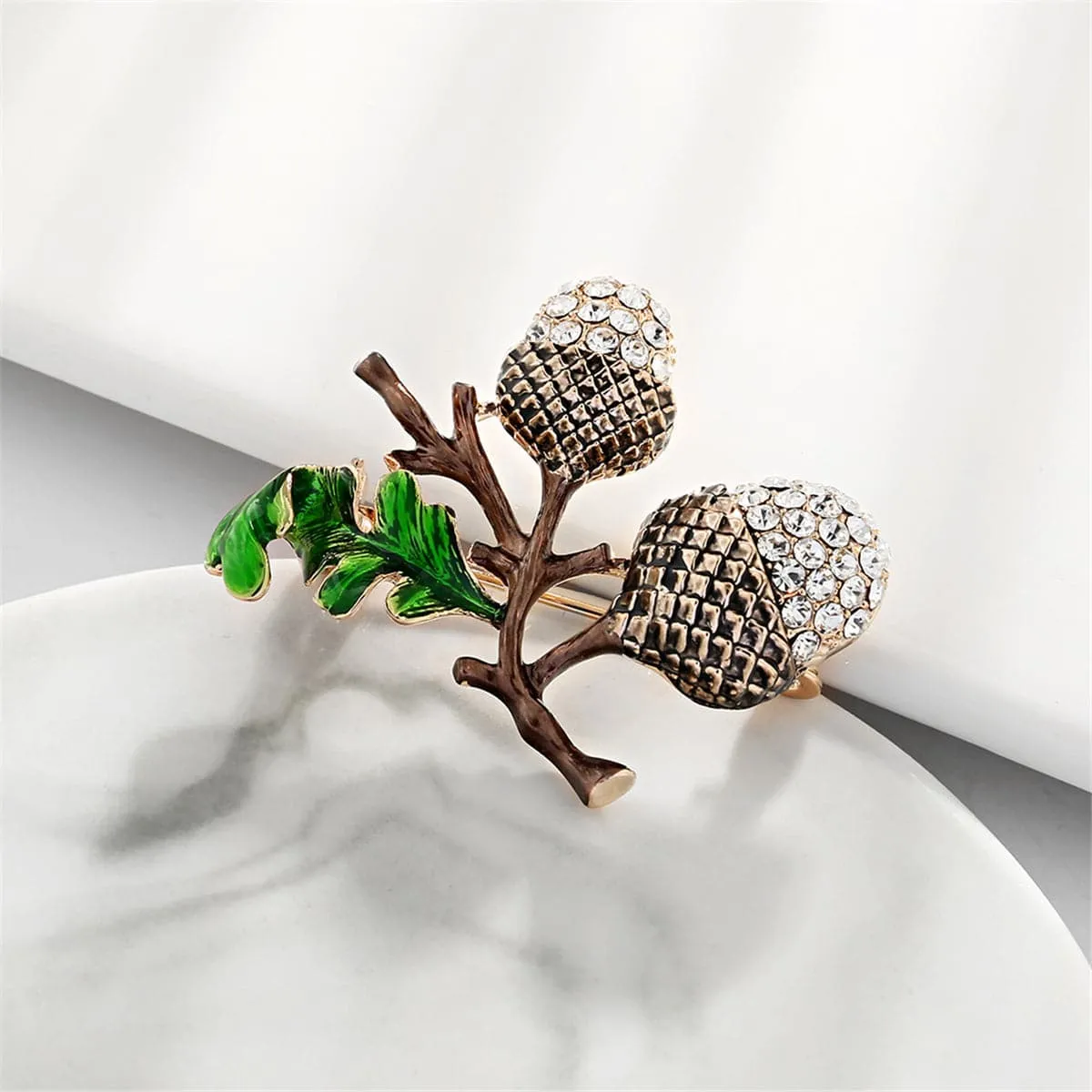 Cubic Zirconia & Enamel 18K Gold-Plated Hazelnut Brooch