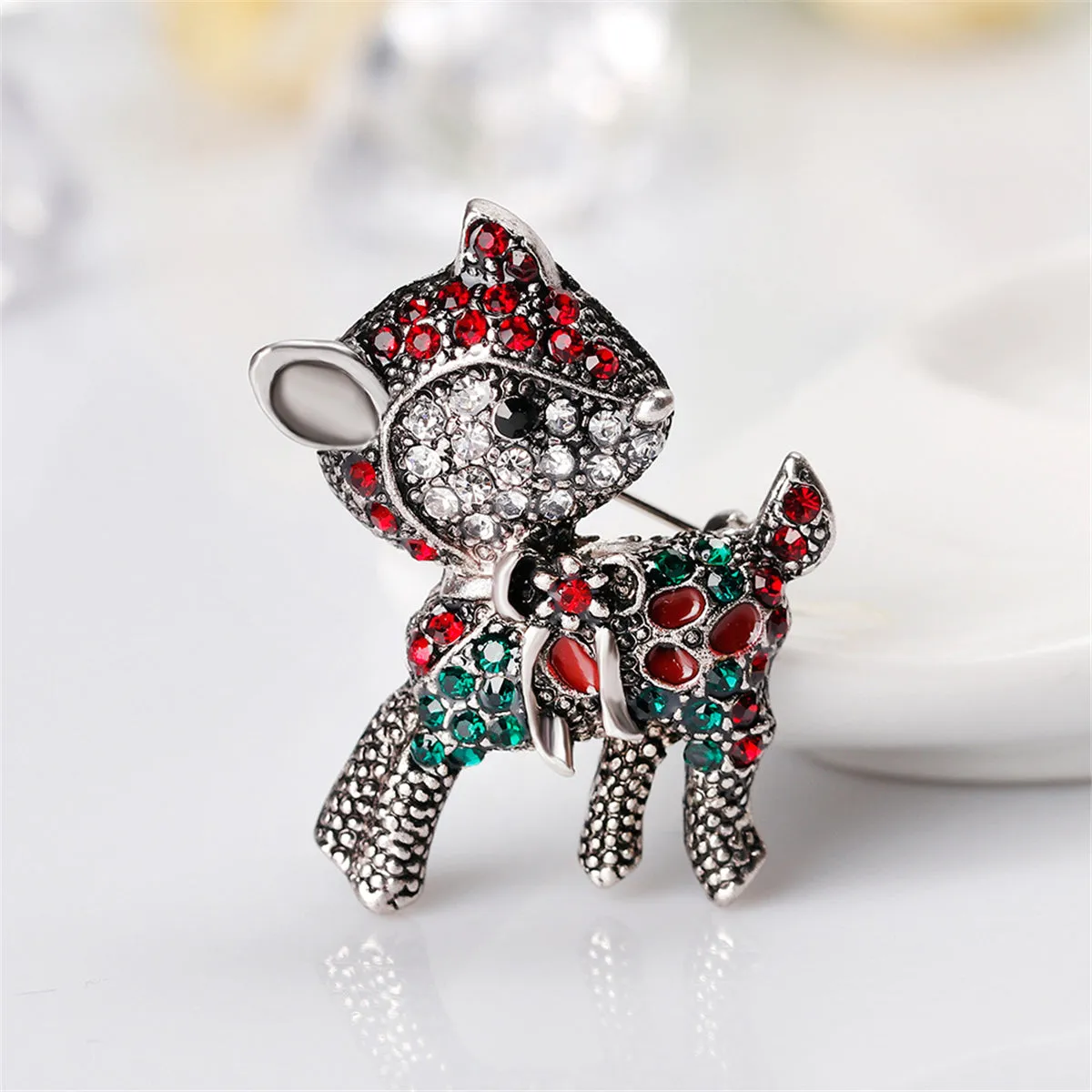 Cubic Zirconia & Silver-Plated Cute Reindeer Brooch