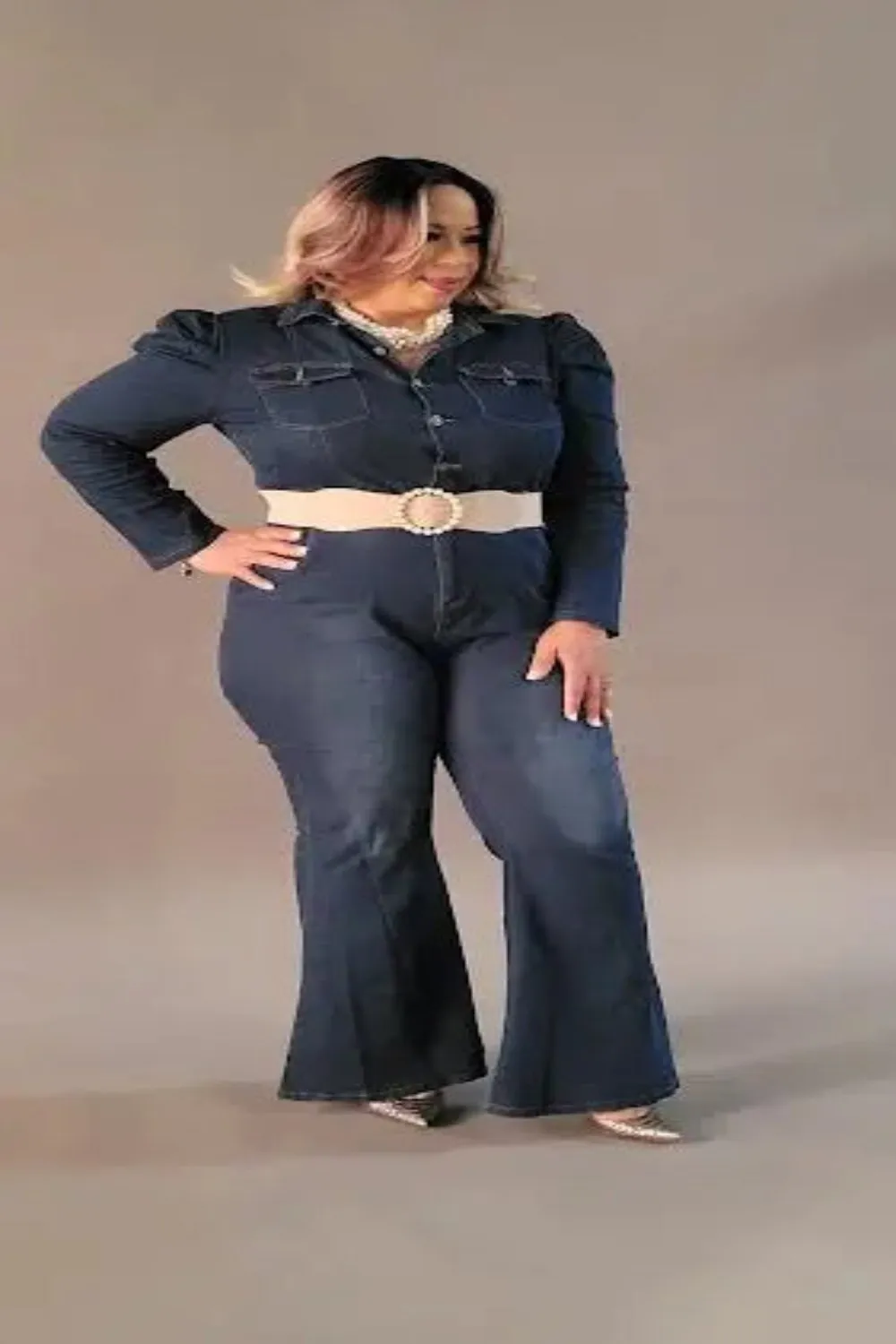 Denim Jean Flare Leg Jumpsuit