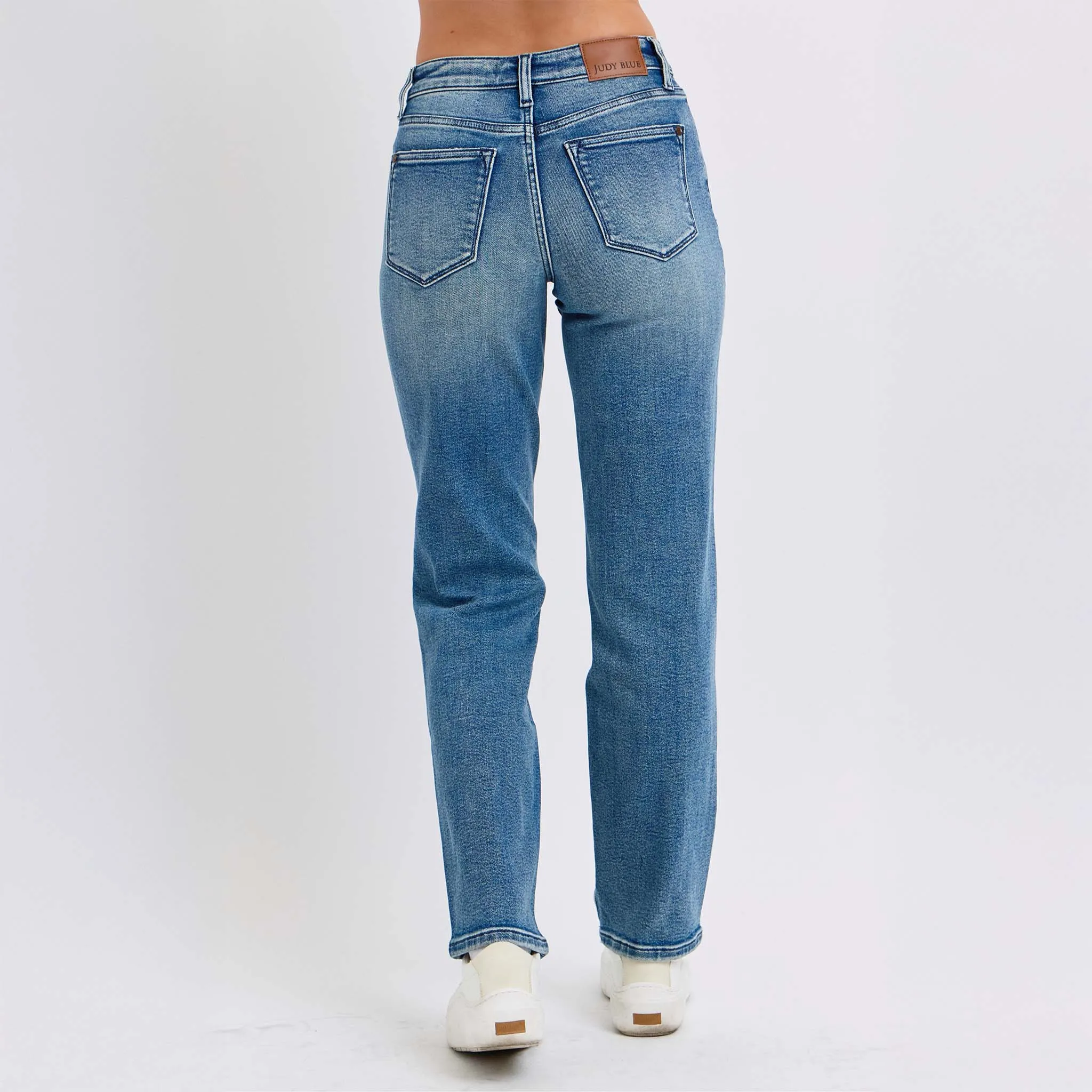 Distressed Dad Mid Rise Straight Jeans