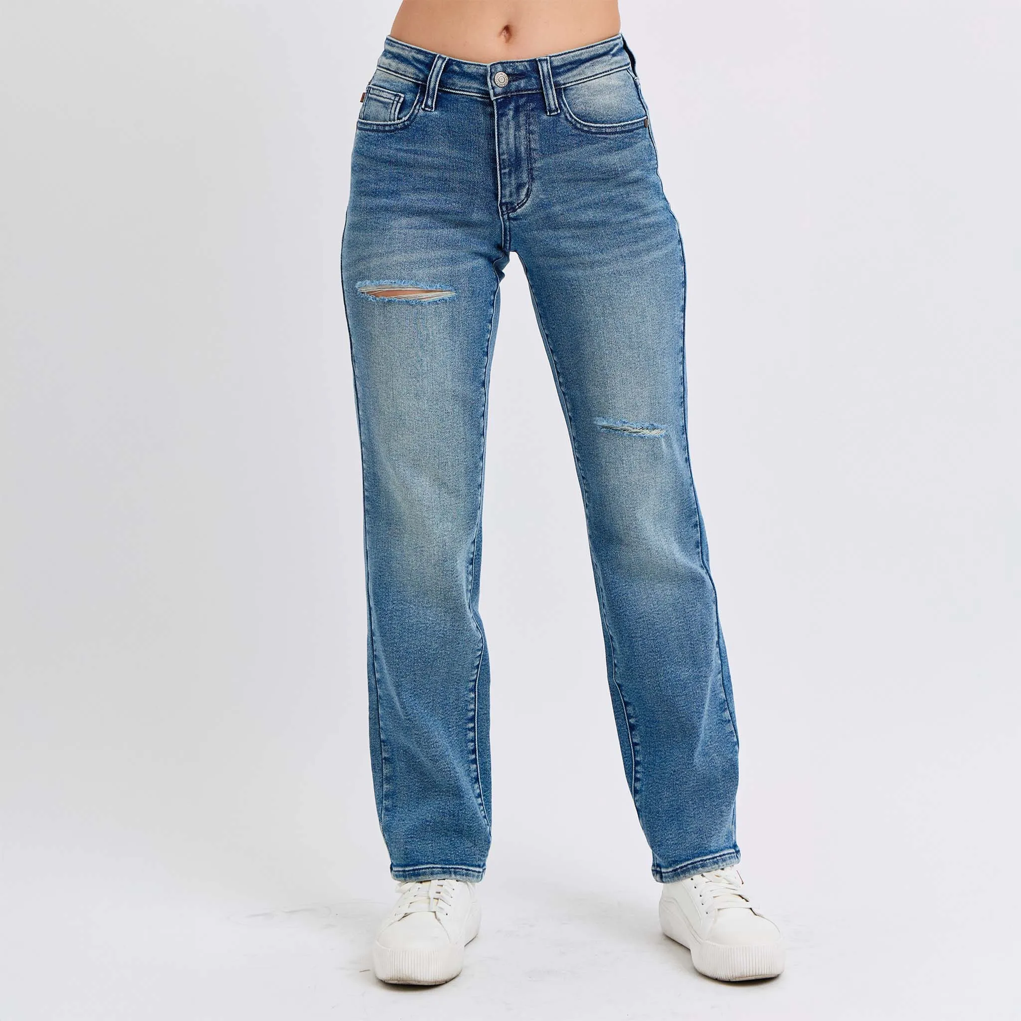 Distressed Dad Mid Rise Straight Jeans