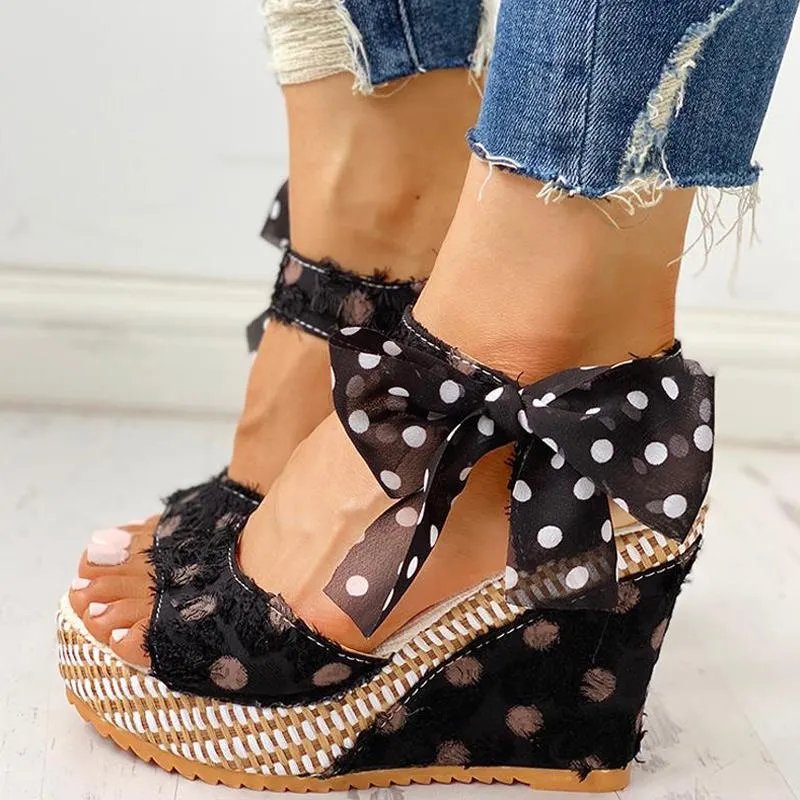 Dot Bowknot Design Platform Wedge Sandals