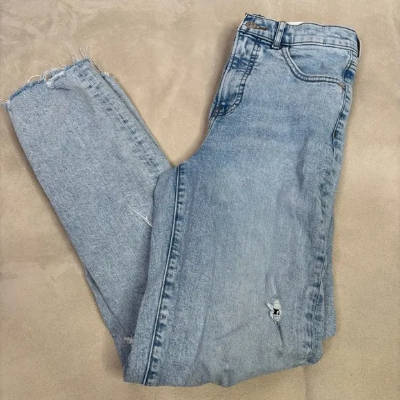 EXPRESS Modern Straight Super High Rise Jeans Size 2R Distressed Raw Hem Denim