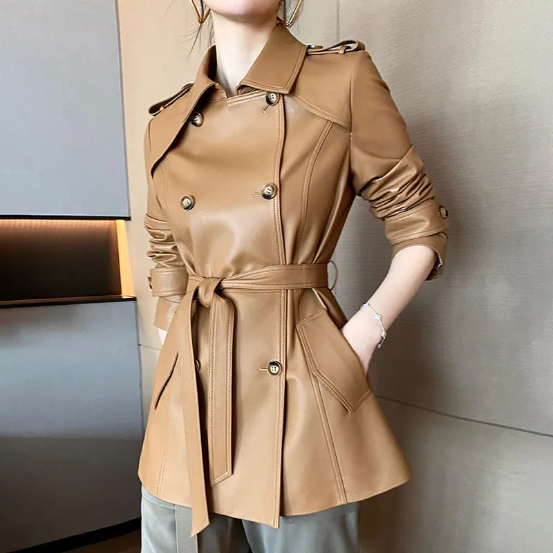 Genuine Sheepskin Leather Jacket Women Autumn Winter Trench Coat Mide Length Streetwear Leather Coat CL4873