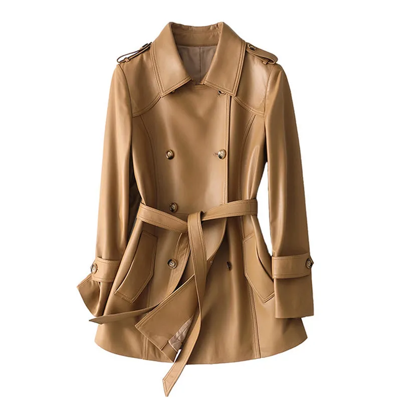 Genuine Sheepskin Leather Jacket Women Autumn Winter Trench Coat Mide Length Streetwear Leather Coat CL4873