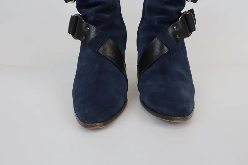 Givenchy Wedge Boots Navy Buckled Suede Size 38.5 Pointed Toe Heel