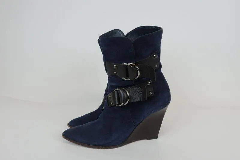 Givenchy Wedge Boots Navy Buckled Suede Size 38.5 Pointed Toe Heel