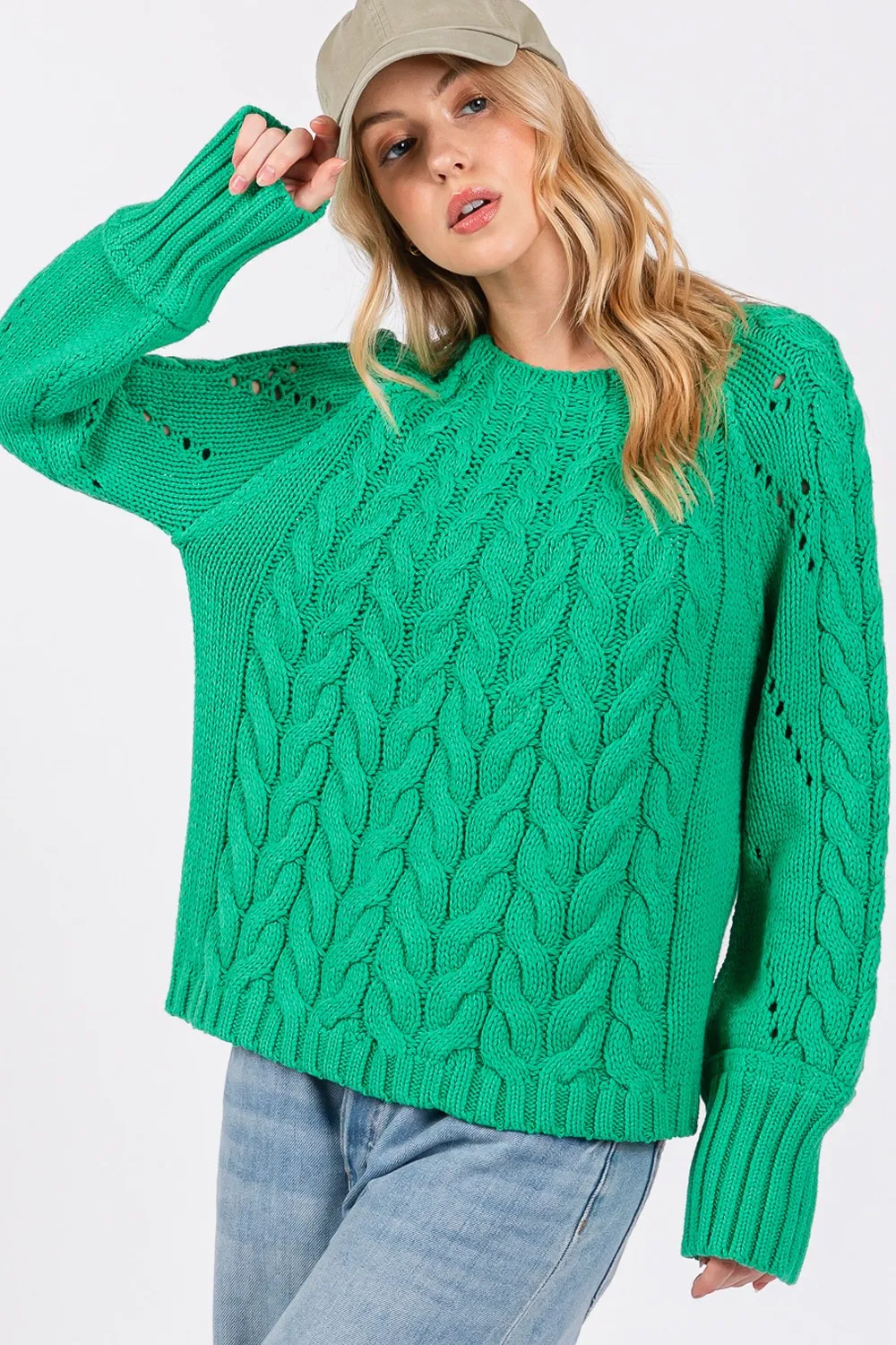Hazel Blues® |  SAGE   FIG Cable-Knit Long Sleeve Sweater