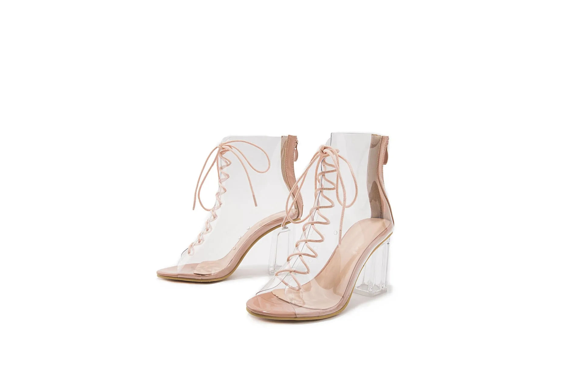 High-heeled Sandals Female Transparent Zipper Sexy Crystal Thick with Cross Straps Fish Mouth Lace-up Sandals
