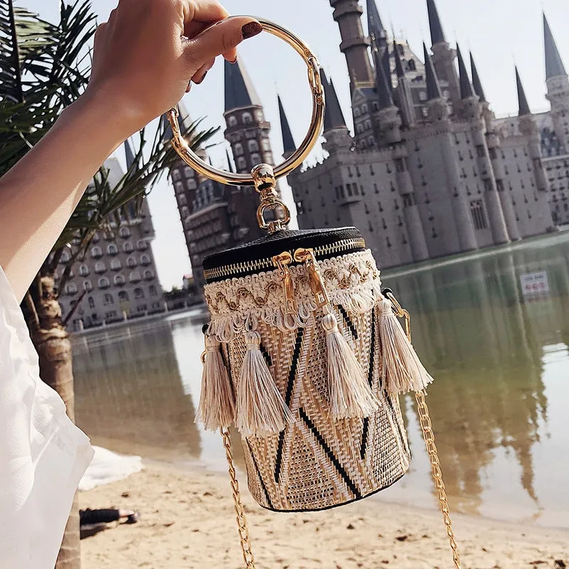 High quality Straw  Tassel Chain Shoulder Travel bag