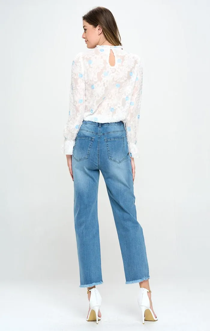 HIGH WAISTED FRAYED HEM CROPPED ANKLE STRAIGHT JEANS