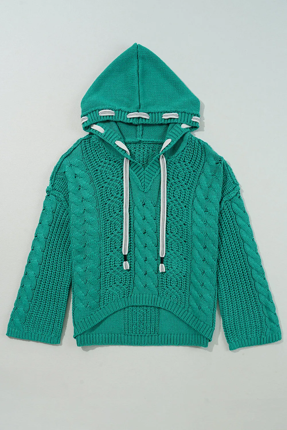 KaleaBoutique Cable Knit V Neck Contrast Drawstring Hooded Sweater