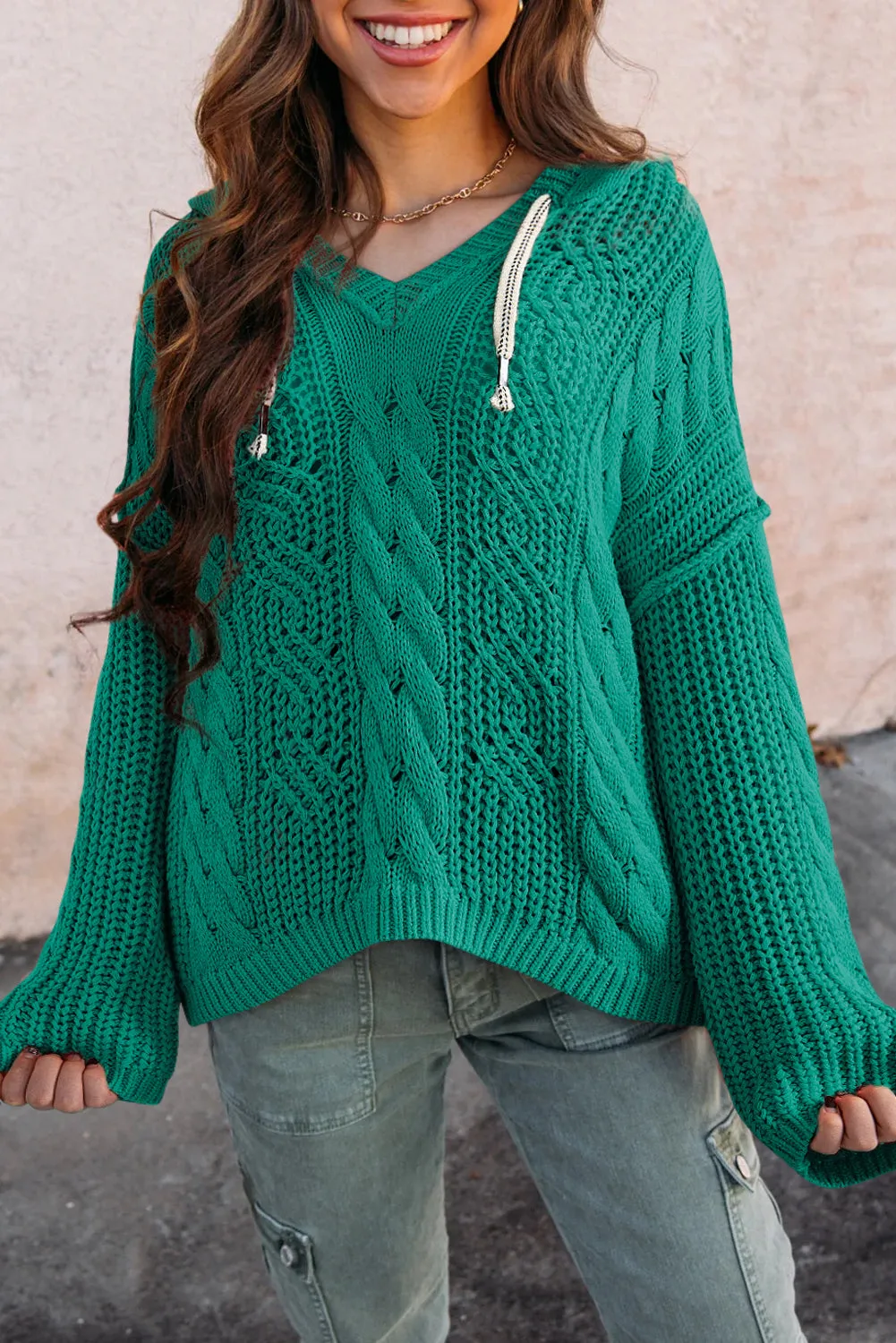 KaleaBoutique Cable Knit V Neck Contrast Drawstring Hooded Sweater
