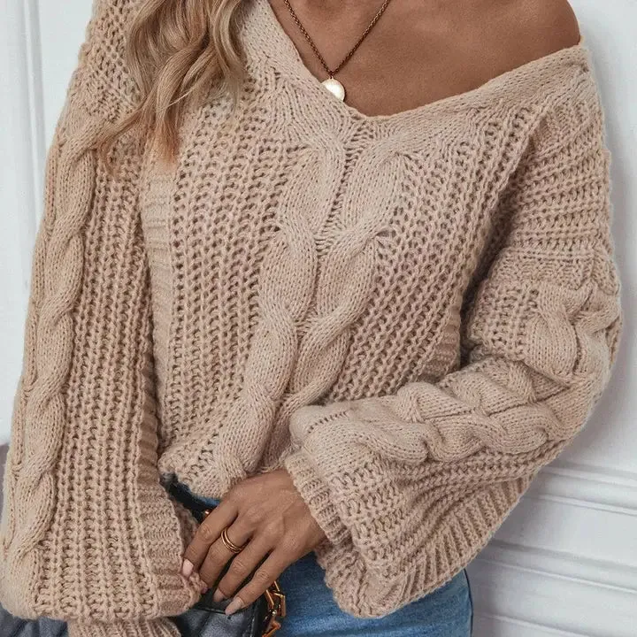 Kenna Cable Lantern Sleeve Twist Knit Sweater - Khaki