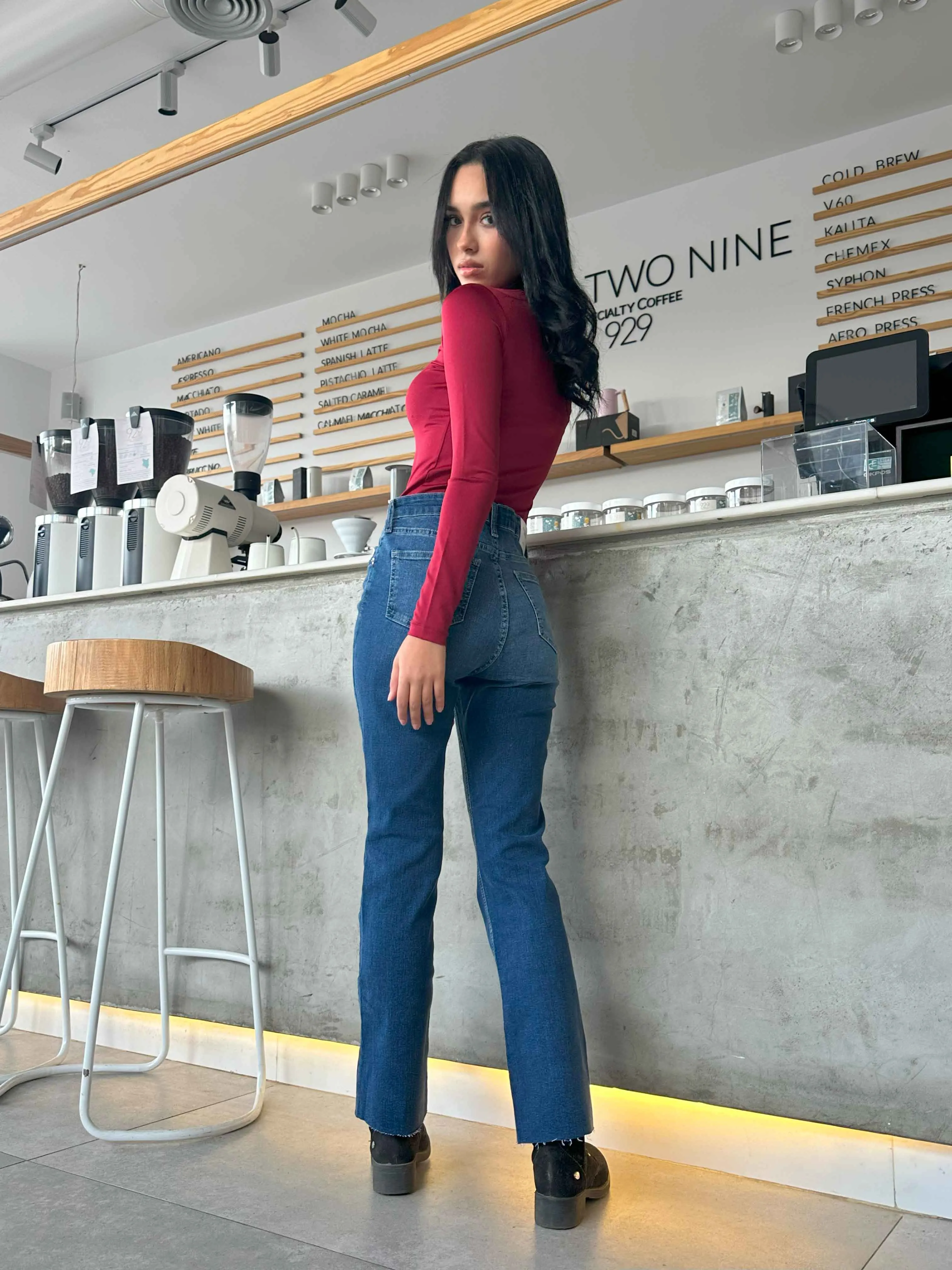 Kick Flare - Navy Blue Cropped Raw Hems Jeans.