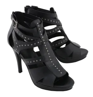 MBL9452 Women's Black Stiletto Heeled Sandals with Studded Ankle Straps