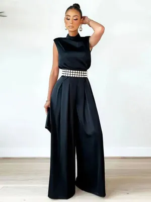 Mockneck Sleeveless High Waist Wide Leg Jumpsuit