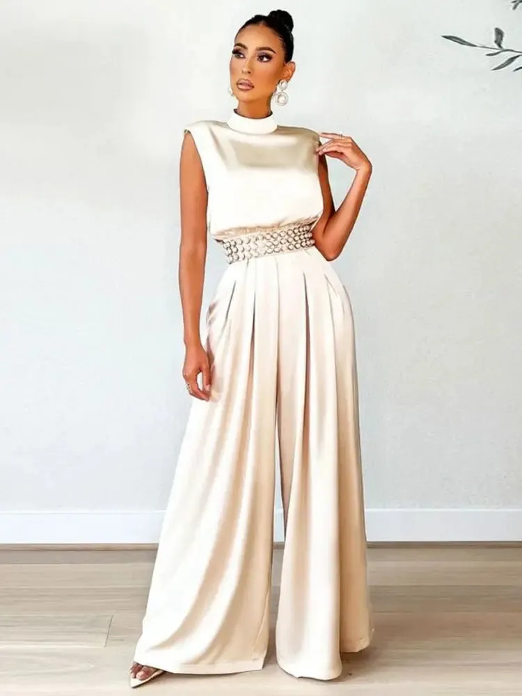 Mockneck Sleeveless High Waist Wide Leg Jumpsuit