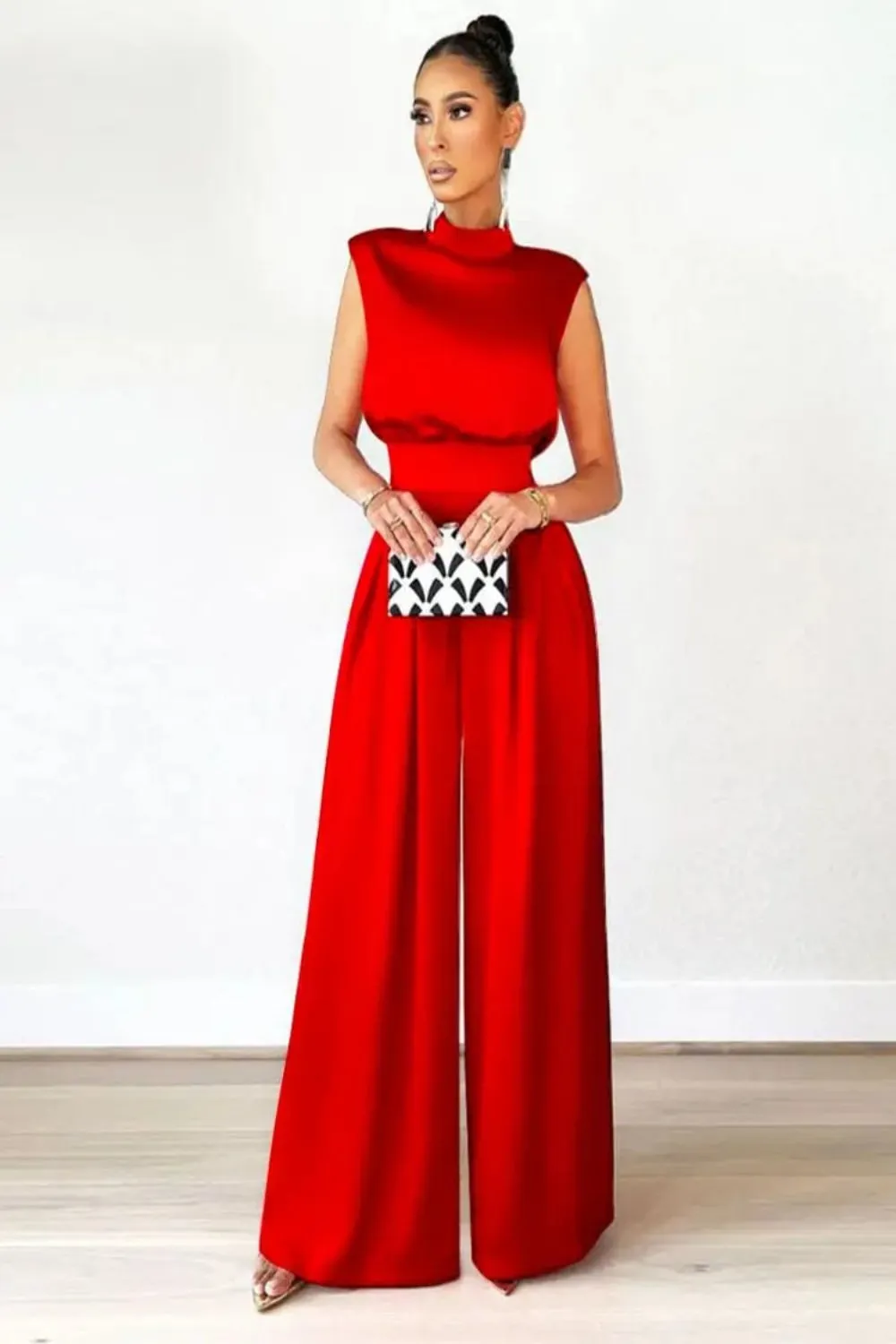Mockneck Sleeveless High Waist Wide Leg Jumpsuit