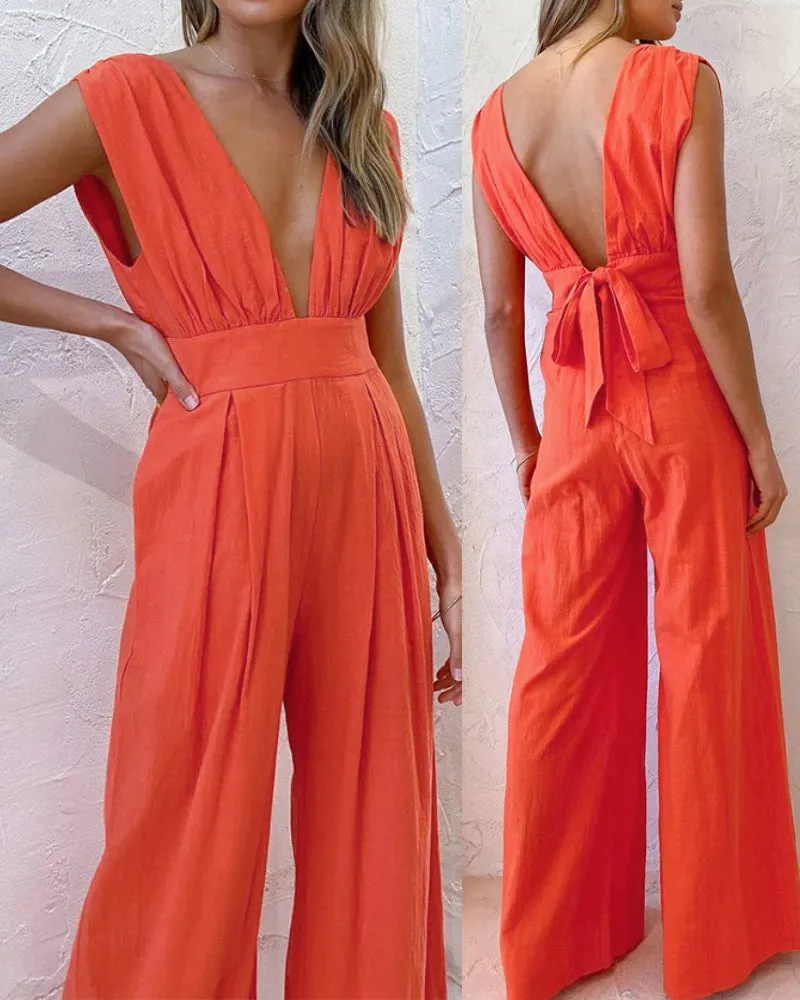 Plunging Neck Backless Wide-leg Jumpsuits