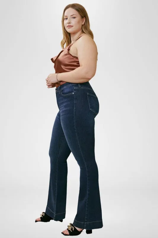 Plus Size High Rise Flare Dark Blue Denim Jean Pants