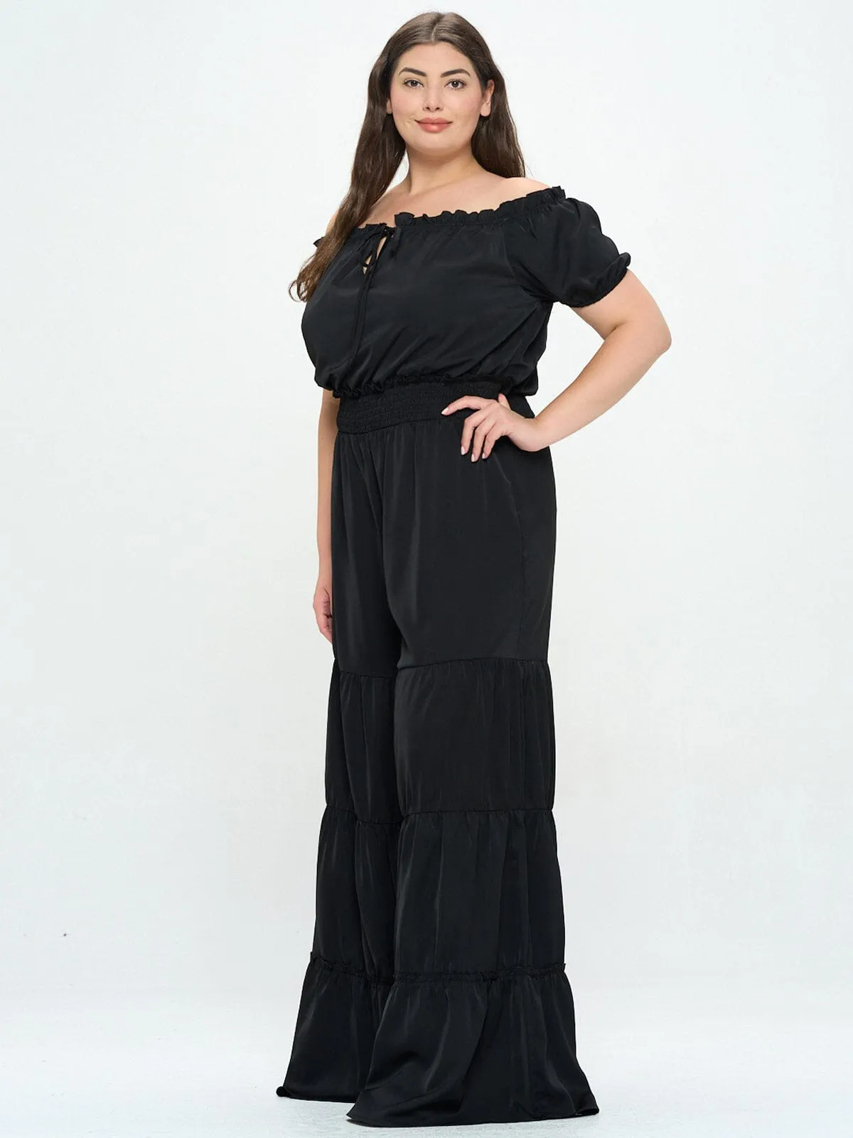 PLUS SIZE OFF SHOULDER SMOCK WAIST LACE TIERED JUMPSUIT