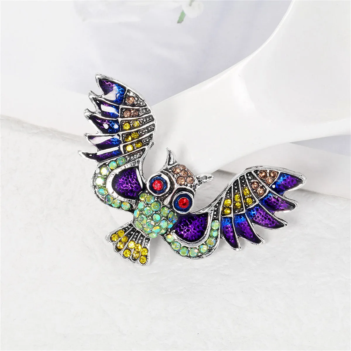 Purple Cubic Zirconia & Enamel Silver-Plated Owl Brooch