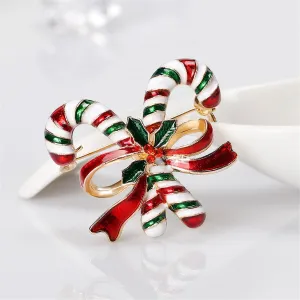 Red & 18K Gold-Plated Bow & Double Candy Cane Crutch Brooch